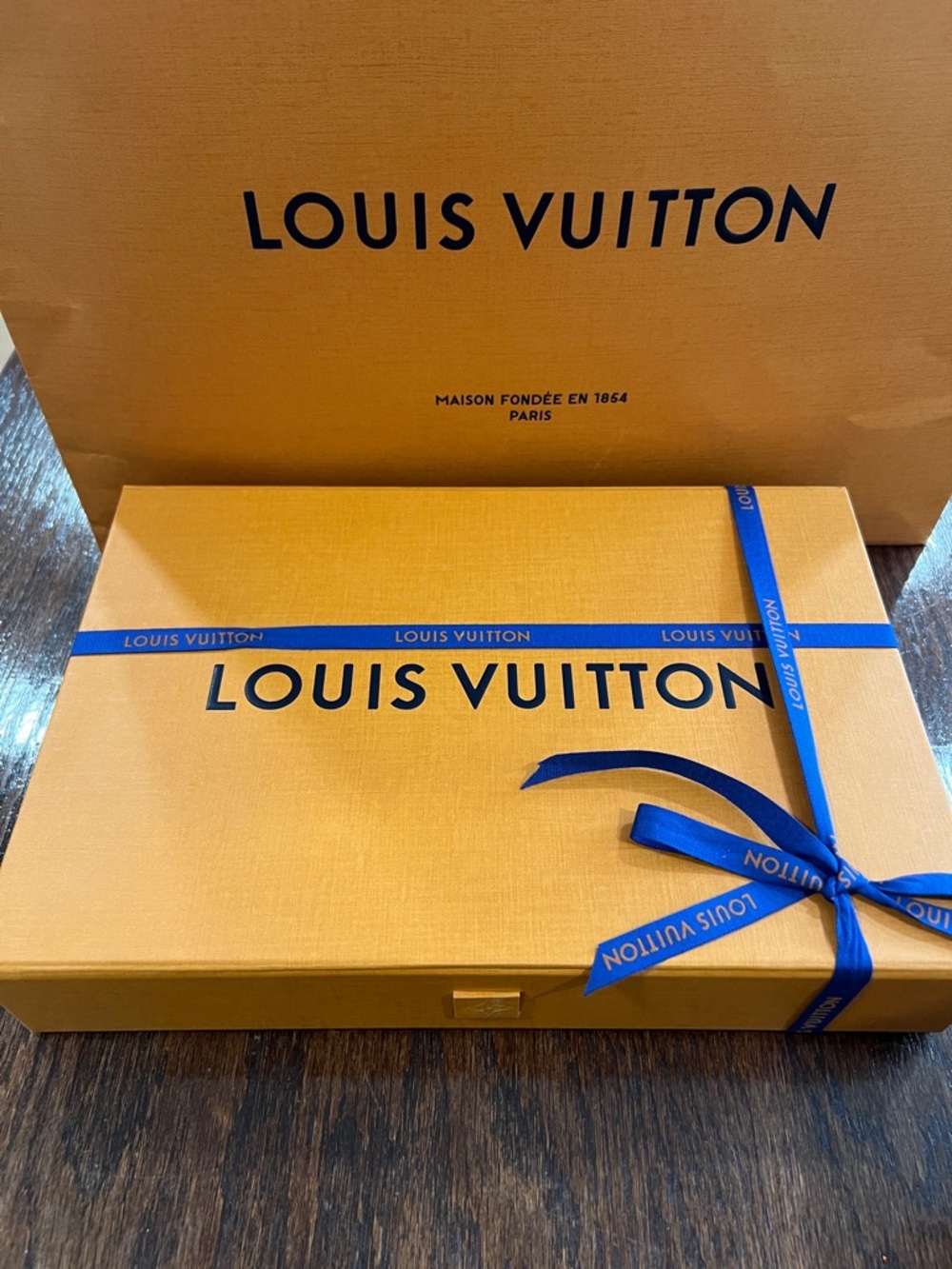 Louis Vuitton Yellow Box with Dark Blue Logo come with tissue paper and ribbon
